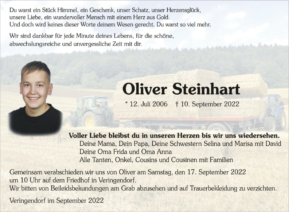  Traueranzeige für Oliver Steinhart vom 15.09.2022 aus Schwäbische Zeitung