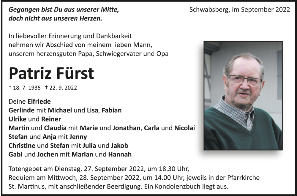  Traueranzeige für Patriz Fürst vom 24.09.2022 aus Schwäbische Zeitung