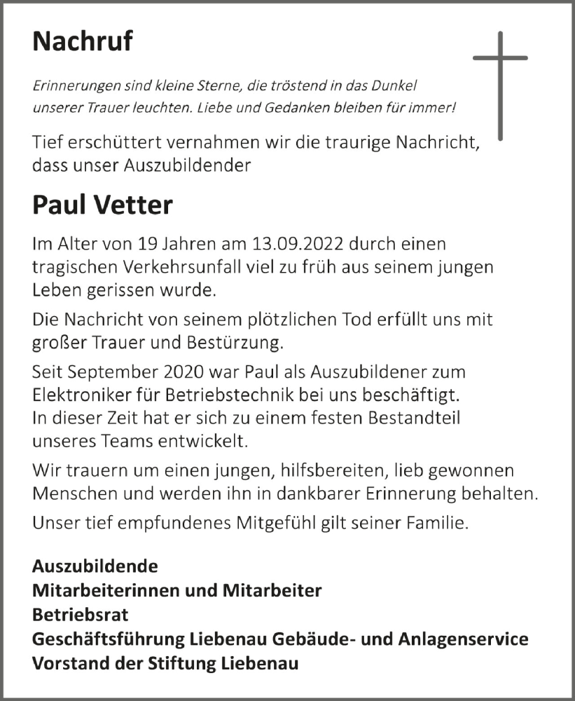  Traueranzeige für Paul Vetter vom 23.09.2022 aus Schwäbische Zeitung