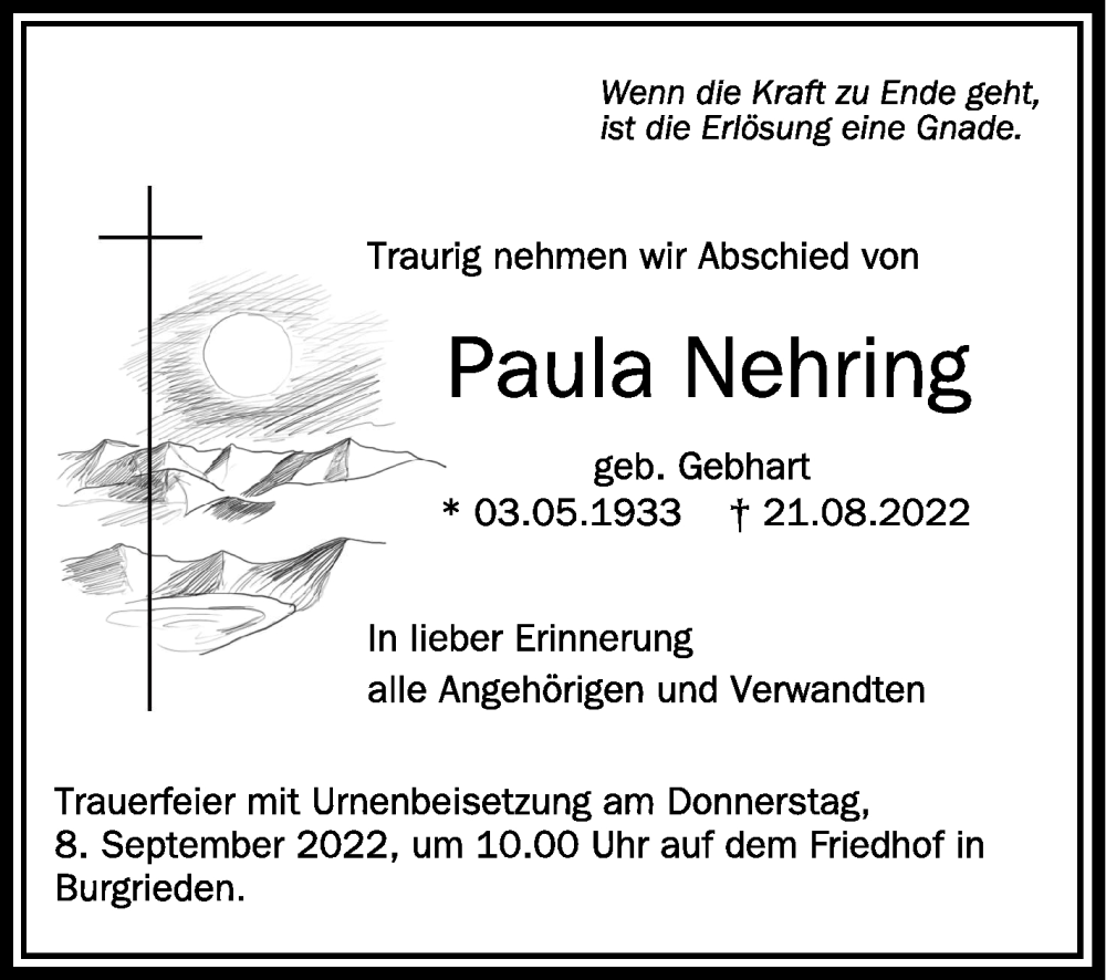  Traueranzeige für Paula Nehring vom 06.09.2022 aus Schwäbische Zeitung