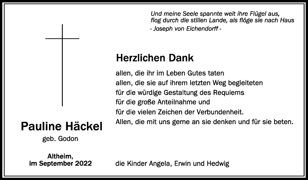  Traueranzeige für Pauline Häckel vom 30.09.2022 aus Schwäbische Zeitung