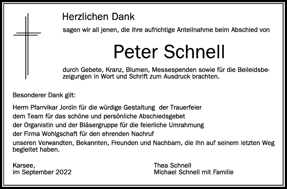  Traueranzeige für Peter Schnell vom 10.09.2022 aus Schwäbische Zeitung