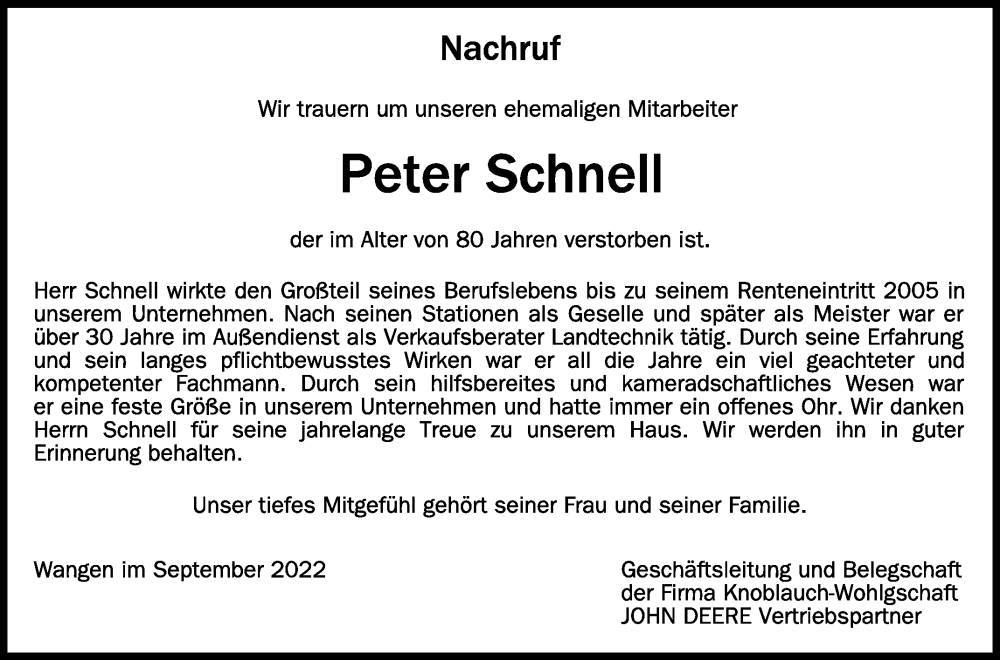  Traueranzeige für Peter Schnell vom 03.09.2022 aus Schwäbische Zeitung