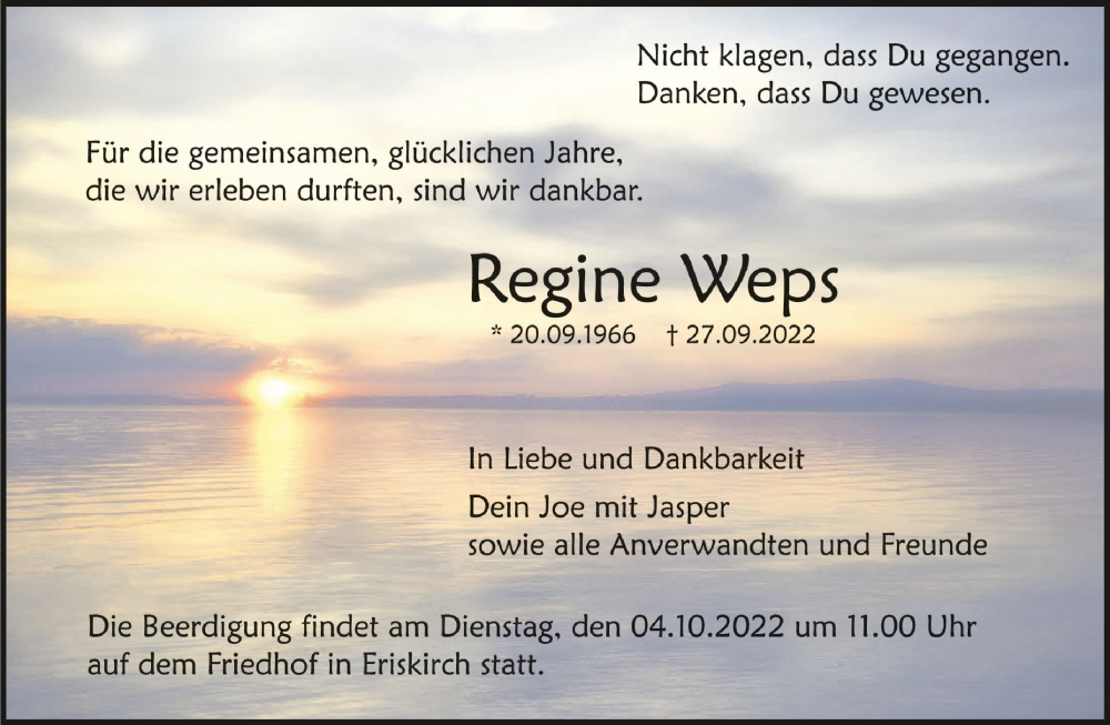  Traueranzeige für Regine Weps vom 30.09.2022 aus Schwäbische Zeitung