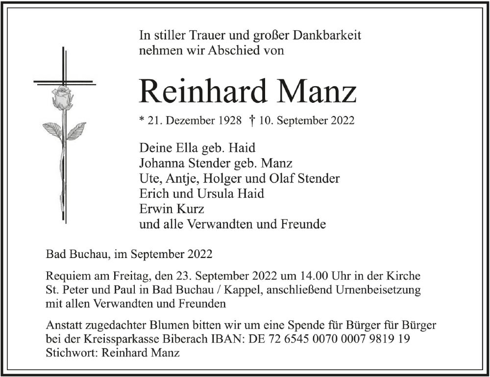  Traueranzeige für Reinhard Manz vom 21.09.2022 aus Schwäbische Zeitung