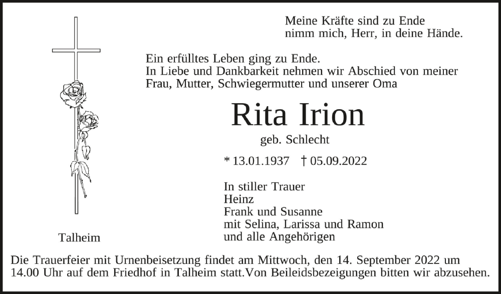  Traueranzeige für Rita Irion vom 10.09.2022 aus Schwäbische Zeitung