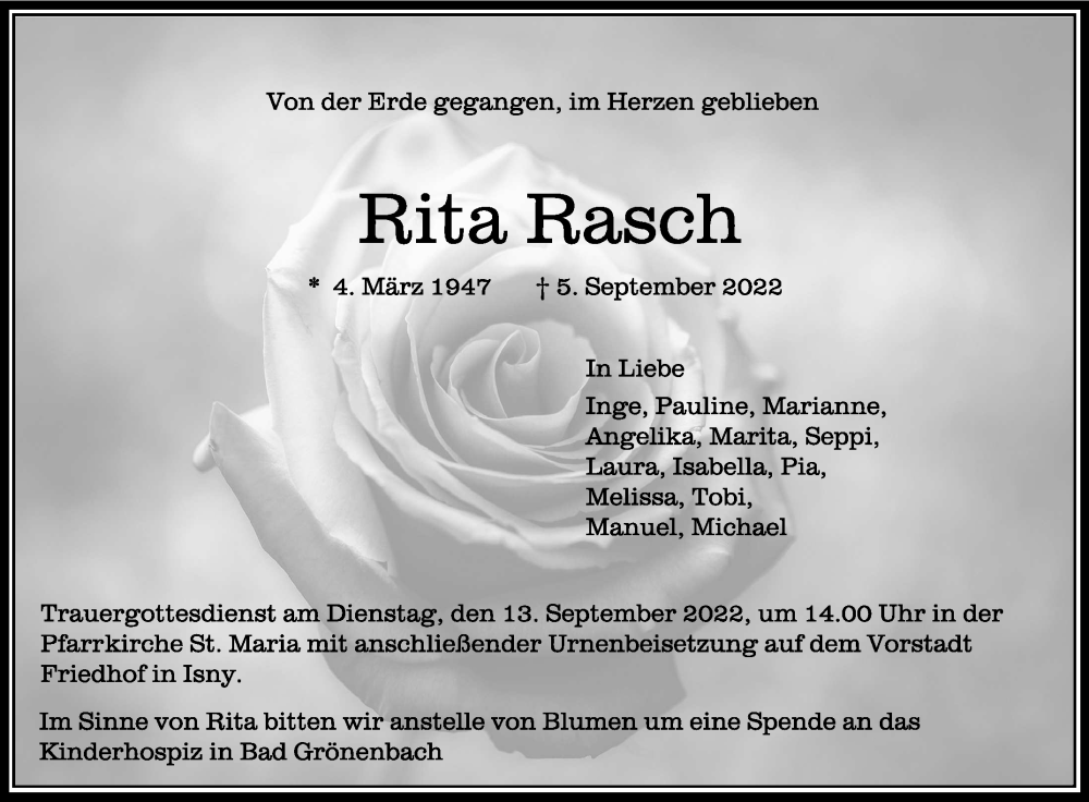  Traueranzeige für Rita Rasch vom 10.09.2022 aus Schwäbische Zeitung