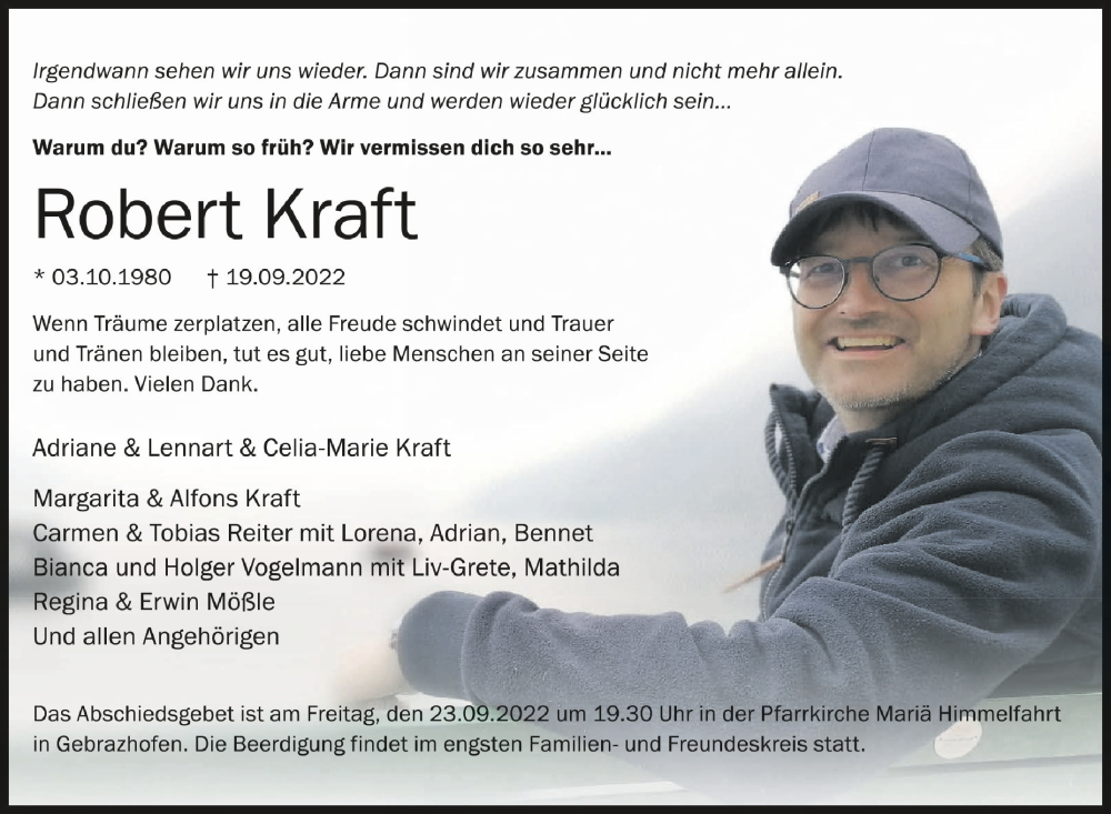  Traueranzeige für Robert Kraft vom 22.09.2022 aus Schwäbische Zeitung