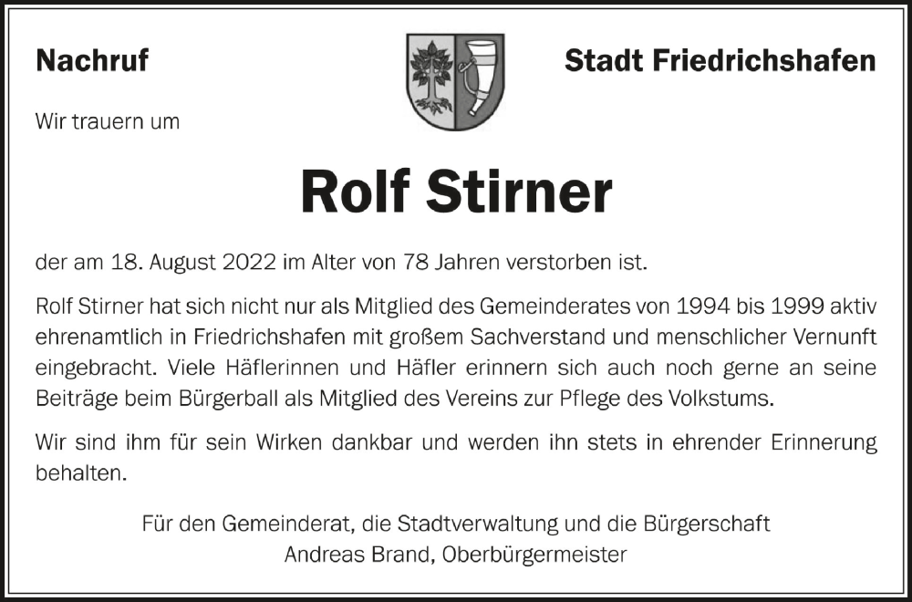  Traueranzeige für Rolf Stirner vom 14.09.2022 aus Schwäbische Zeitung