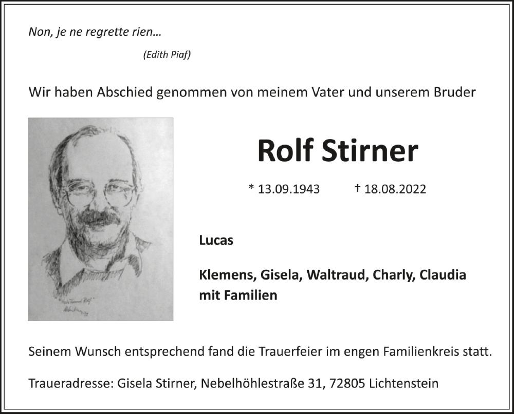  Traueranzeige für Rolf Stirner vom 10.09.2022 aus Schwäbische Zeitung