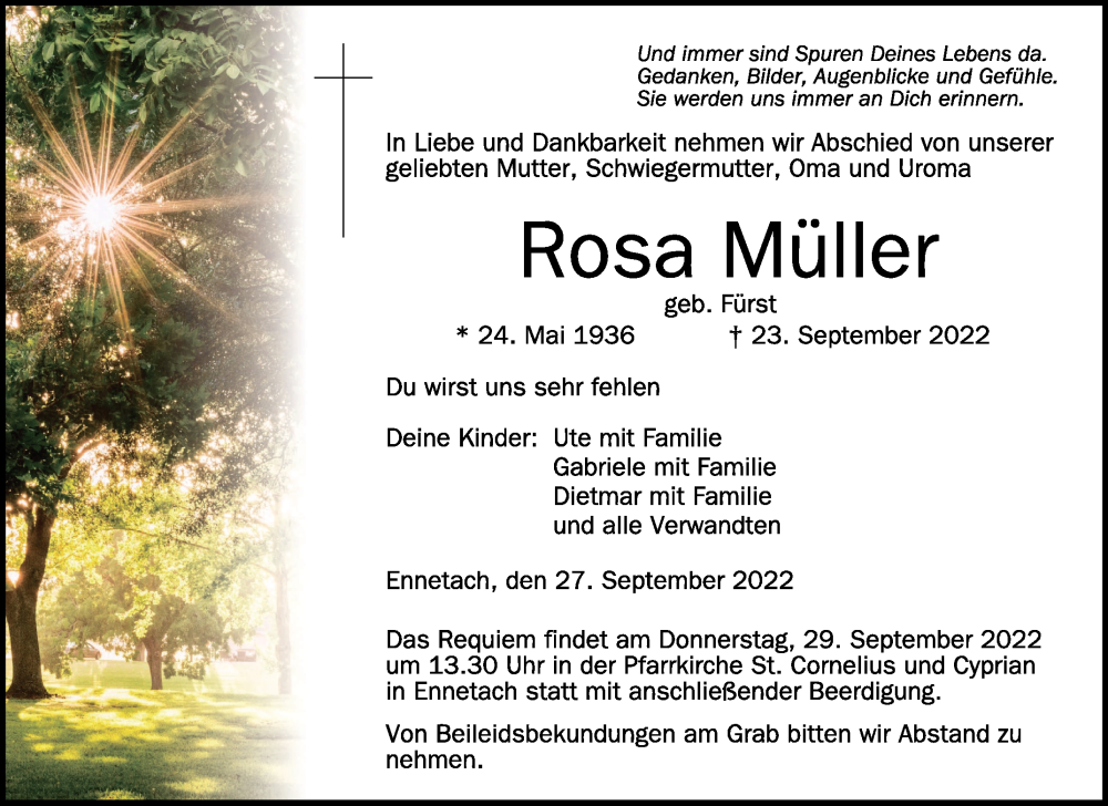  Traueranzeige für Rosa Müller vom 27.09.2022 aus Schwäbische Zeitung