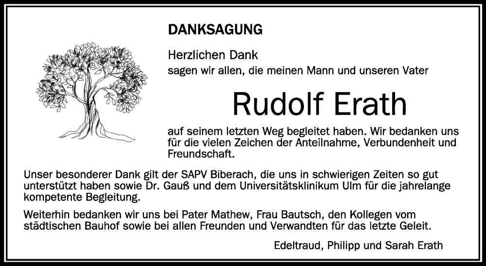  Traueranzeige für Rudolf Erath vom 03.09.2022 aus Schwäbische Zeitung