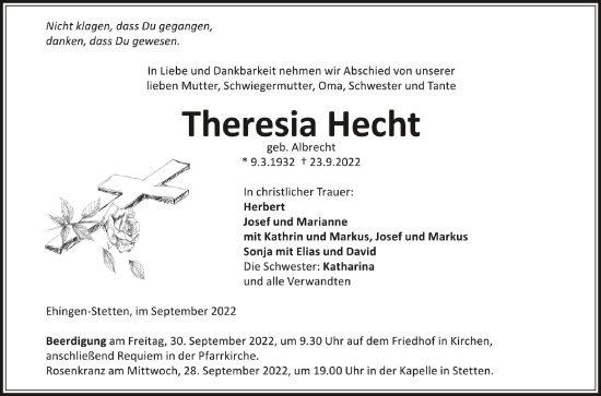 Anzeige von Theresia Hecht von Schwäbische Zeitung