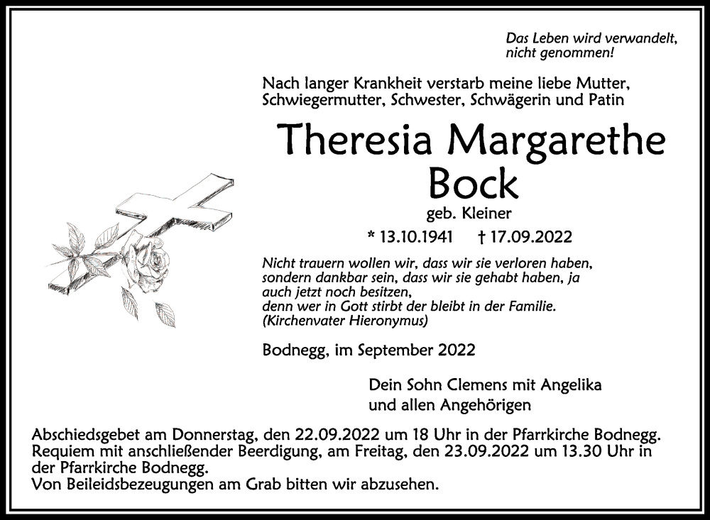  Traueranzeige für Theresia Margarethe Bock vom 20.09.2022 aus Schwäbische Zeitung