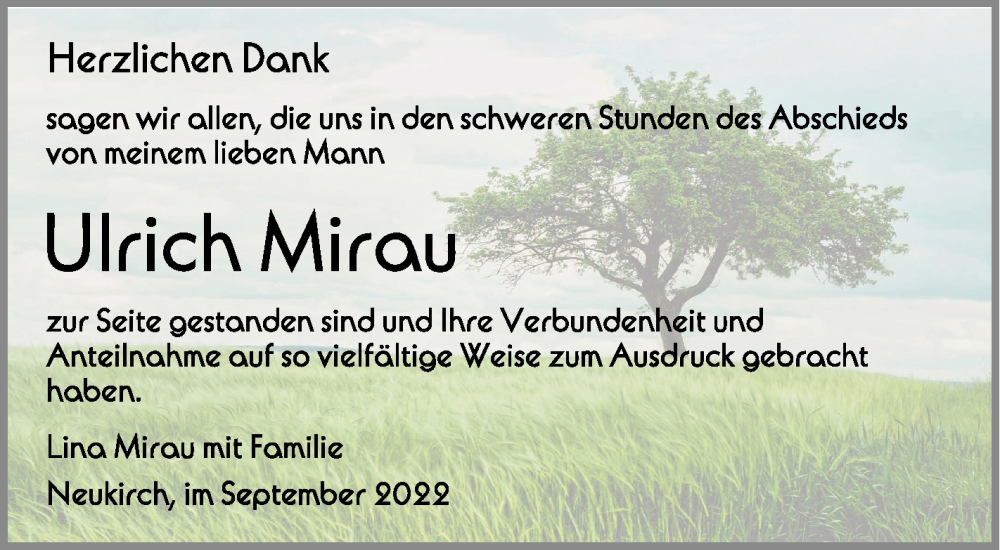  Traueranzeige für Ulrich Mirau vom 03.09.2022 aus Schwäbische Zeitung