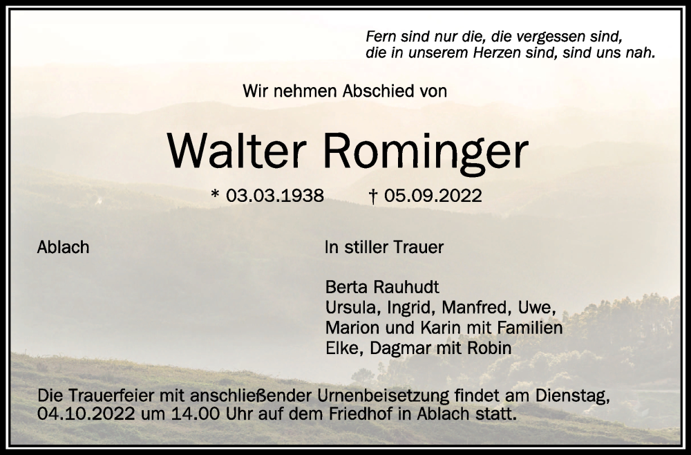  Traueranzeige für Walter Rominger vom 30.09.2022 aus Schwäbische Zeitung