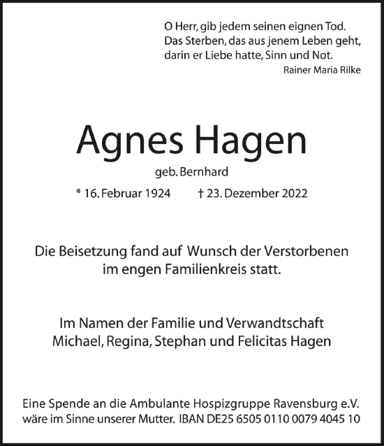 Anzeige von Agnes Hagen von Schwäbische Zeitung