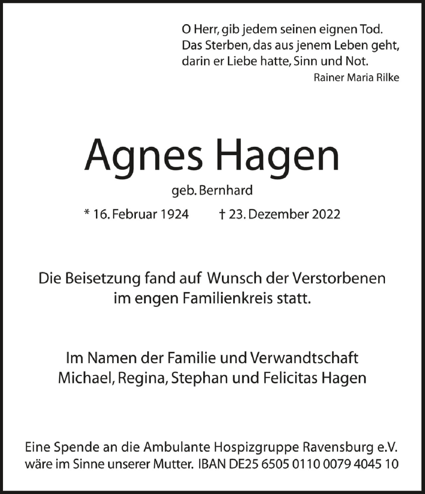  Traueranzeige für Agnes Hagen vom 07.01.2023 aus Schwäbische Zeitung