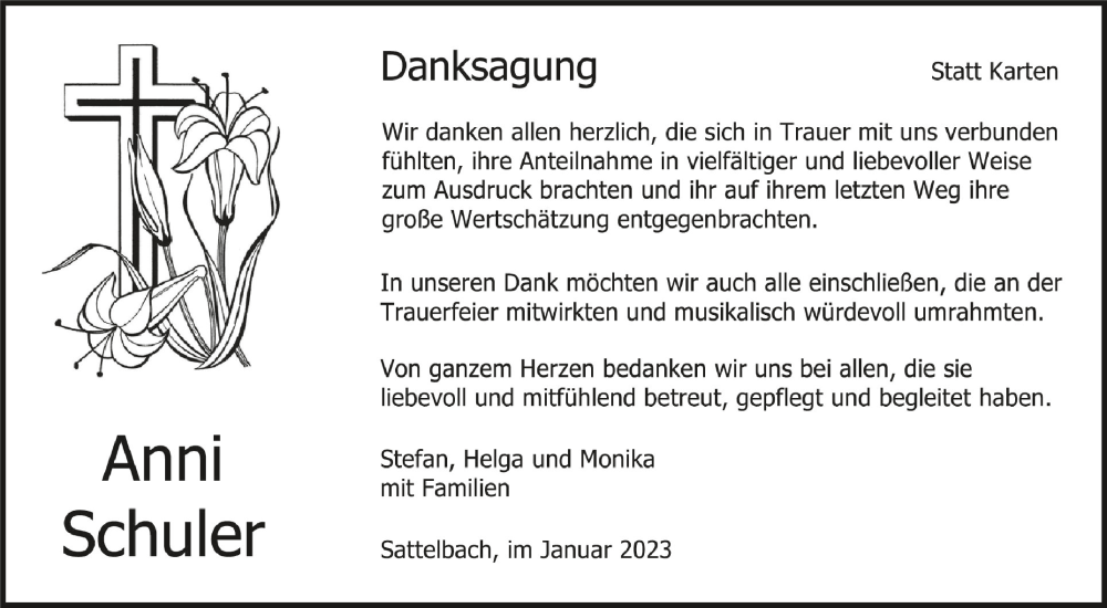  Traueranzeige für Anni Schuler vom 11.01.2023 aus Schwäbische Zeitung