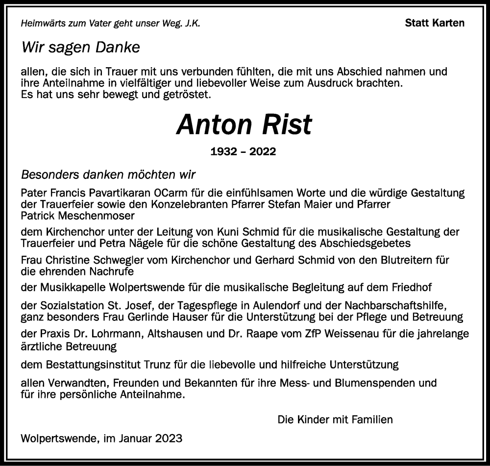  Traueranzeige für Anton Rist vom 07.01.2023 aus Schwäbische Zeitung