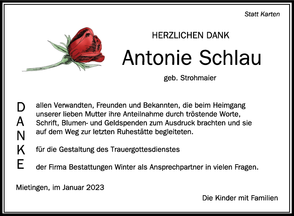  Traueranzeige für Antonie Schlau vom 07.01.2023 aus Schwäbische Zeitung