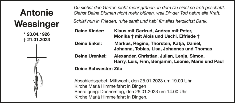  Traueranzeige für Antonie Wessinger vom 24.01.2023 aus Schwäbische Zeitung