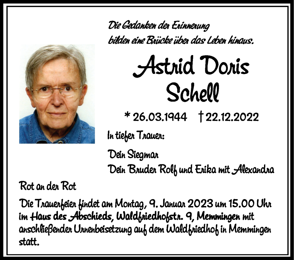  Traueranzeige für Astrid Doris Schell vom 04.01.2023 aus Schwäbische Zeitung