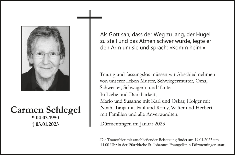  Traueranzeige für Carmen Schlegel vom 16.01.2023 aus Schwäbische Zeitung