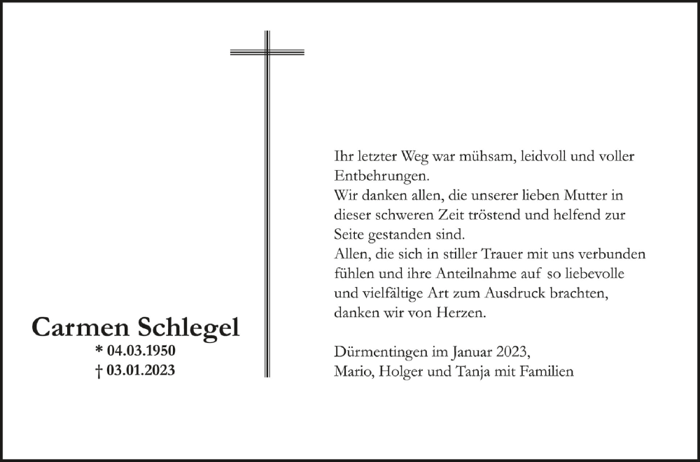  Traueranzeige für Carmen Schlegel vom 28.01.2023 aus Schwäbische Zeitung