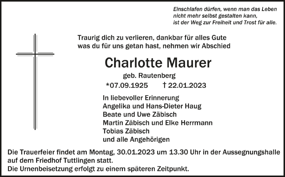  Traueranzeige für Charlotte Maurer vom 27.01.2023 aus Schwäbische Zeitung