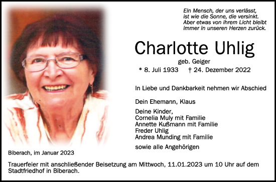 Anzeige von Charlotte Uhlig von Schwäbische Zeitung