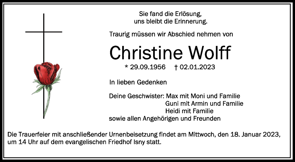  Traueranzeige für Christine Wolff vom 12.01.2023 aus Schwäbische Zeitung