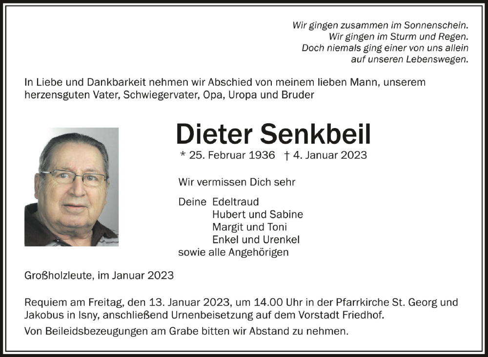  Traueranzeige für Dieter Senkbeil vom 11.01.2023 aus Schwäbische Zeitung