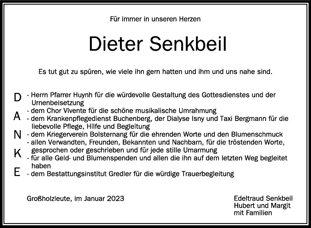  Traueranzeige für Dieter Senkbeil vom 21.01.2023 aus Schwäbische Zeitung