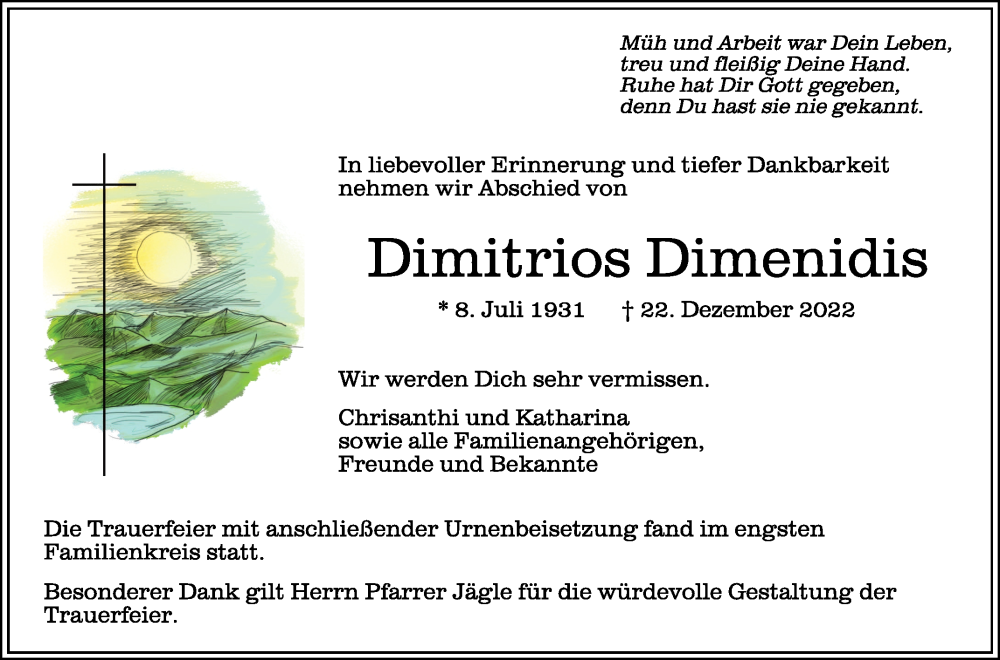  Traueranzeige für Dimitrios Dimenidis vom 25.01.2023 aus Schwäbische Zeitung