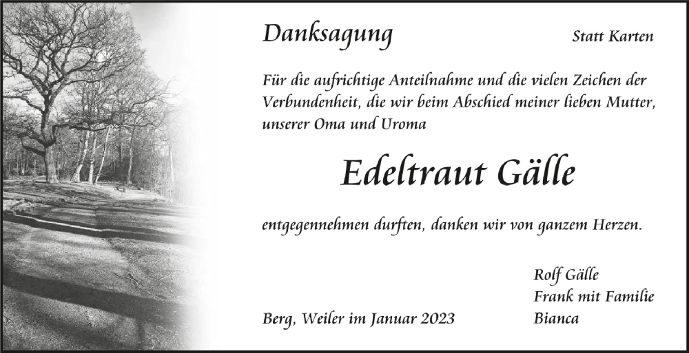  Traueranzeige für Edeltraut Gälle vom 21.01.2023 aus Schwäbische Zeitung