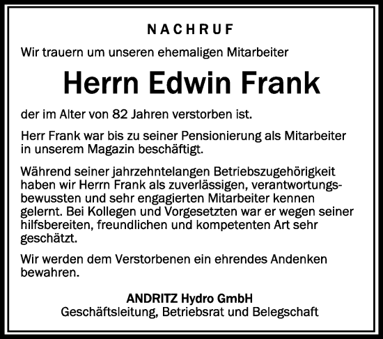 Anzeige von Edwin Frank von Schwäbische Zeitung