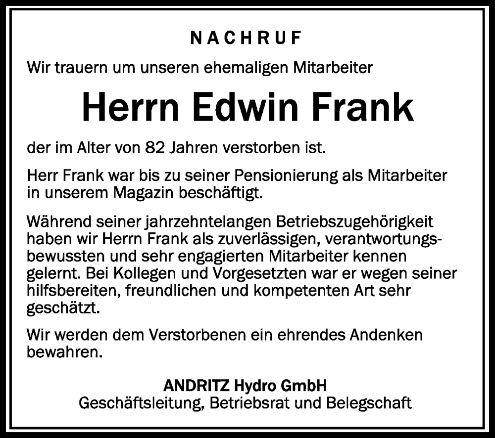  Traueranzeige für Edwin Frank vom 18.01.2023 aus Schwäbische Zeitung