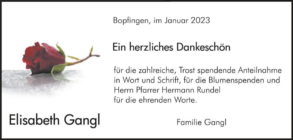  Traueranzeige für Elisabeth Gangl vom 21.01.2023 aus Schwäbische Zeitung