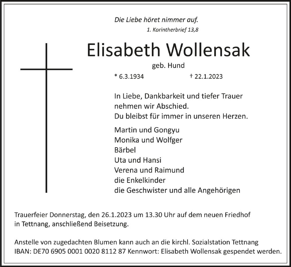  Traueranzeige für Elisabeth Wollensak vom 24.01.2023 aus Schwäbische Zeitung