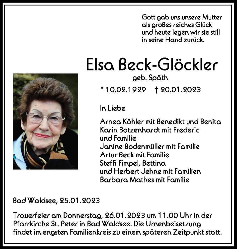  Traueranzeige für Elsa Beck-Glöckler vom 25.01.2023 aus Schwäbische Zeitung