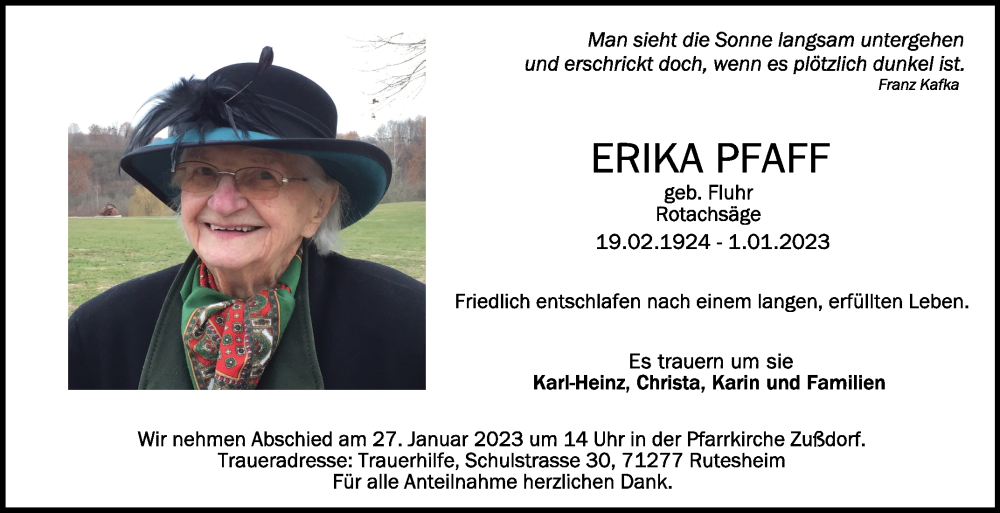  Traueranzeige für Erika Pfaff vom 24.01.2023 aus Schwäbische Zeitung