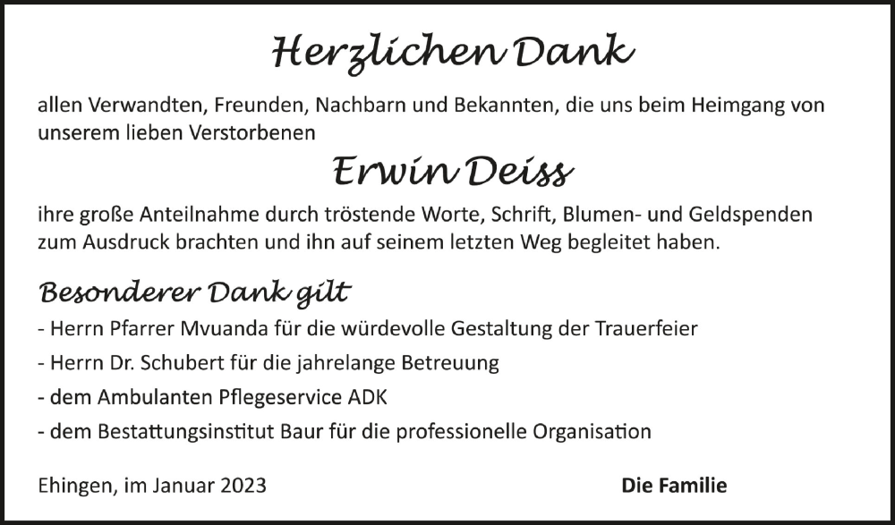  Traueranzeige für Erwin Deiss vom 28.01.2023 aus Schwäbische Zeitung