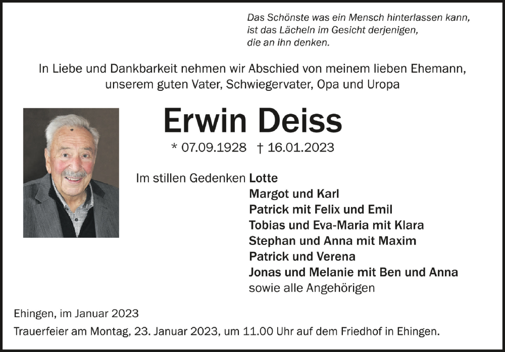  Traueranzeige für Erwin Deiss vom 21.01.2023 aus Schwäbische Zeitung