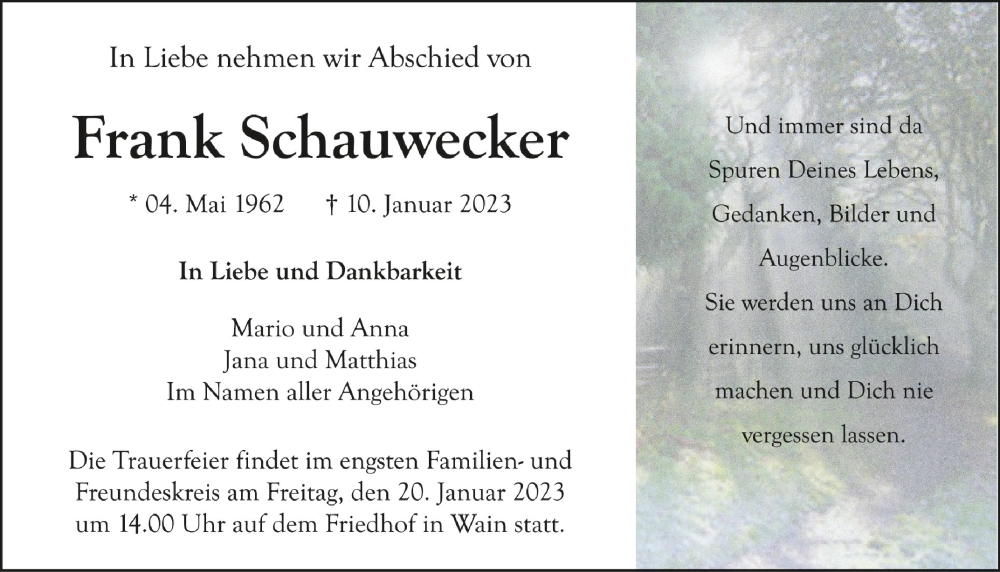  Traueranzeige für Frank Schauwecker vom 14.01.2023 aus Schwäbische Zeitung