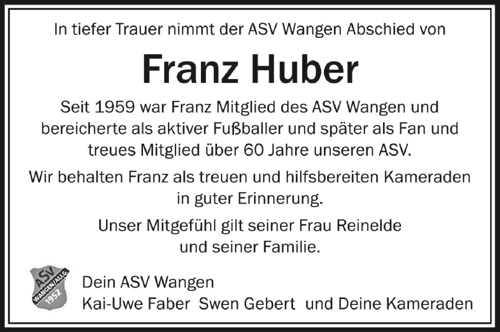 Traueranzeigen Von Franz Huber Schwaebische De Trauerportal
