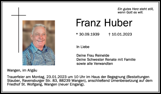 Traueranzeigen Von Franz Huber Schwaebische De Trauerportal