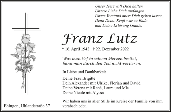 Anzeige von Franz Lutz von Schwäbische Zeitung