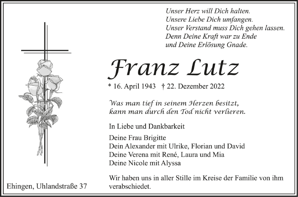  Traueranzeige für Franz Lutz vom 19.01.2023 aus Schwäbische Zeitung