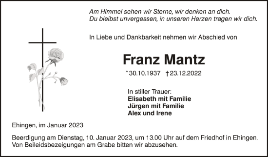 Anzeige von Franz Mantz von Schwäbische Zeitung